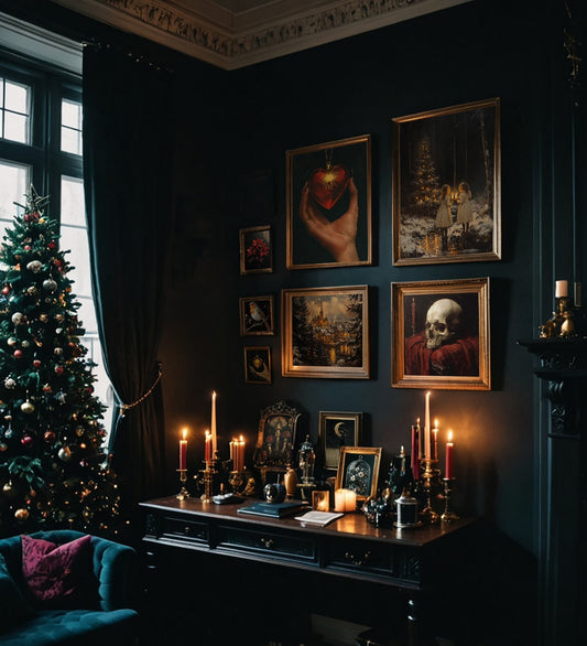 Gothic study adorned with candelabras, a gallery wall of sacred and macabre art, and a Christmas tree decorated with gold ornaments. Perfectly styled for dark and moody festive interiors