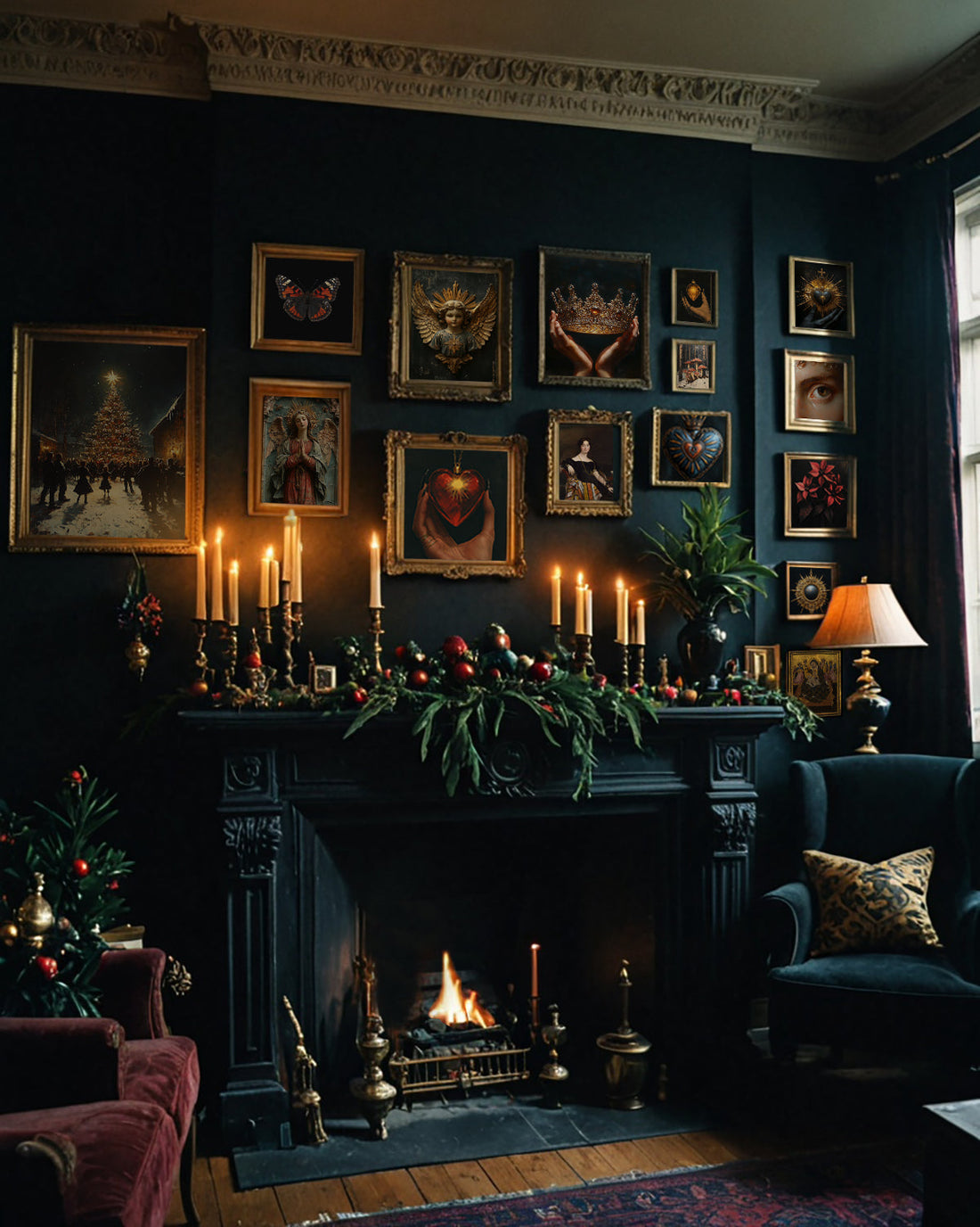 Victorian-style living room with a roaring fireplace 