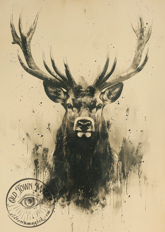 Vintage Scottish Stag Portrait Esoteric Occult Wall Art Print