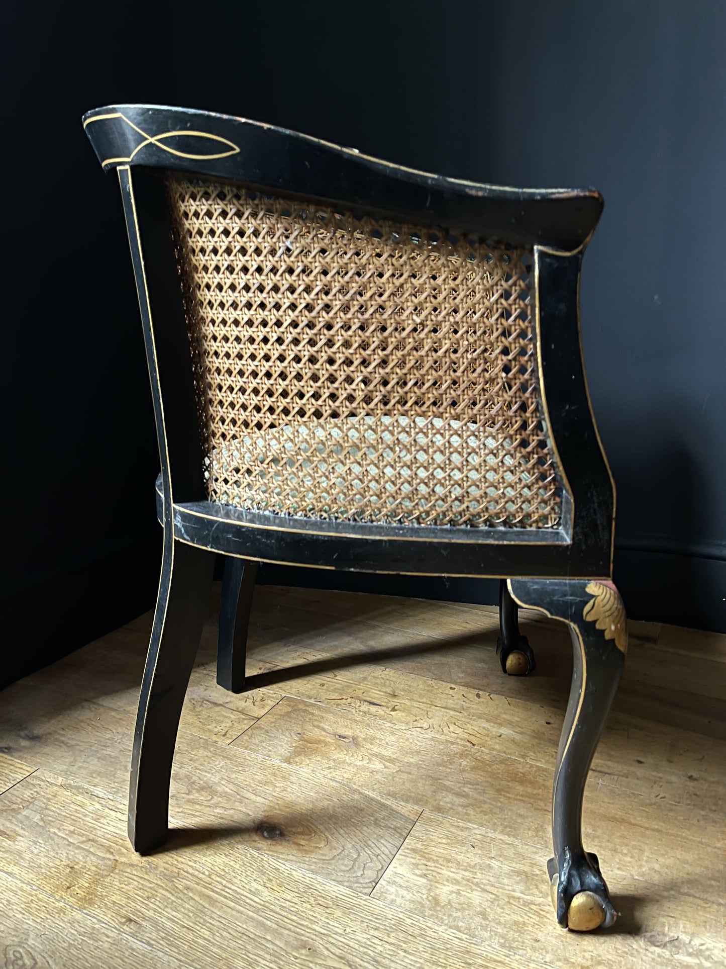 Chinoiserie Ebonised Gilt Accent Clawfoot Tub Armchair