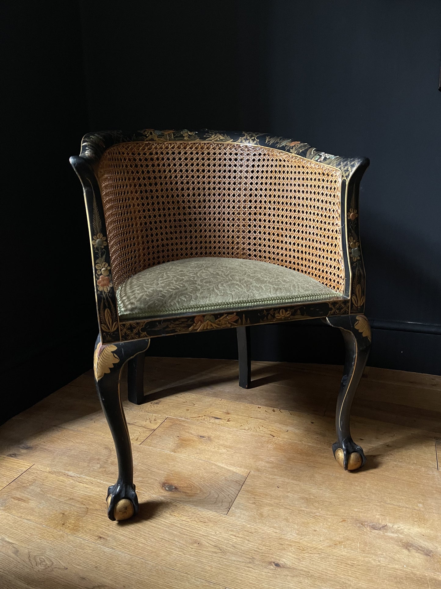 Chinoiserie Ebonised Gilt Accent Clawfoot Tub Armchair