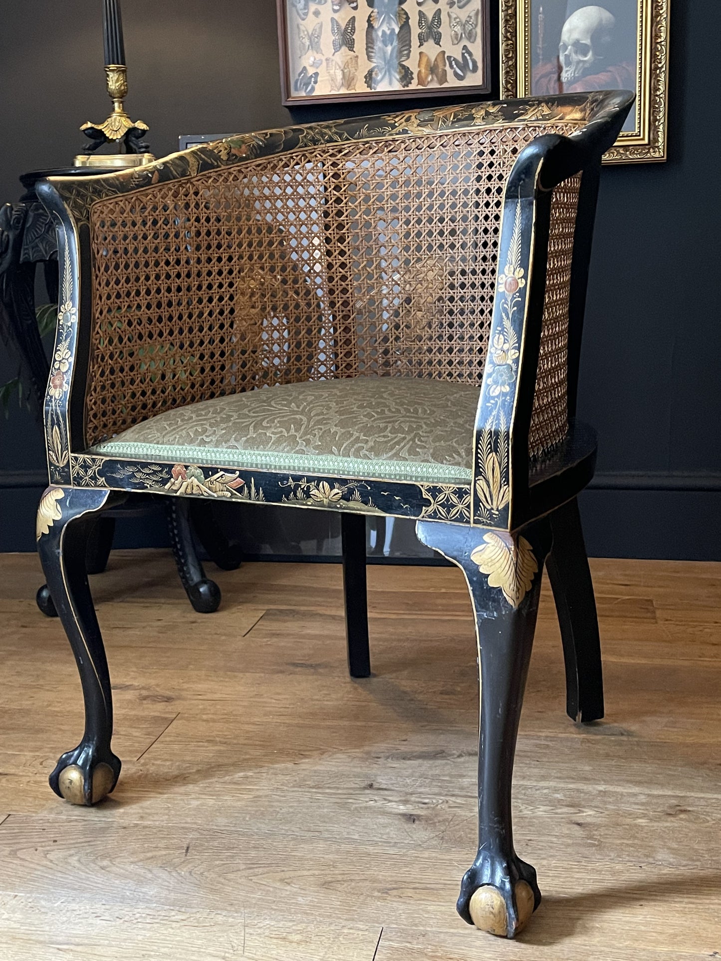 Chinoiserie Ebonised Gilt Accent Clawfoot Tub Armchair