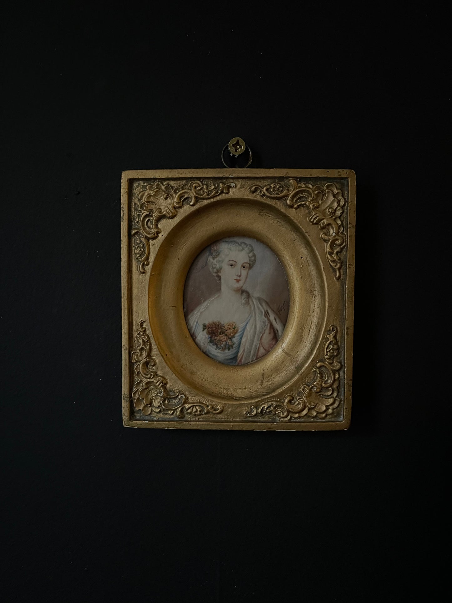 Antique Portrait Miniture in Gold Gilt Frame, Watercolour on Ivory