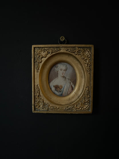 Antique Portrait Miniture in Gold Gilt Frame, Watercolour on Ivory