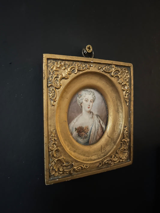 Antique Portrait Miniture in Gold Gilt Frame, Watercolour on Ivory