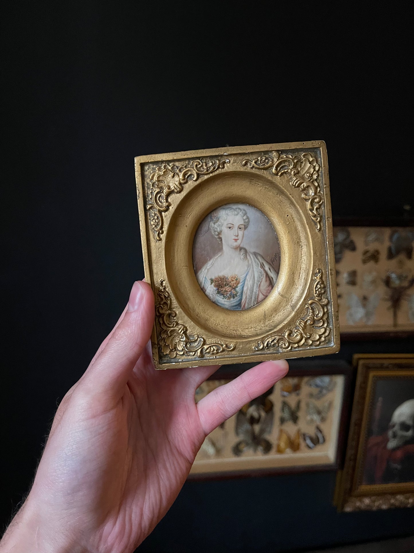 Antique Portrait Miniture in Gold Gilt Frame, Watercolour on Ivory