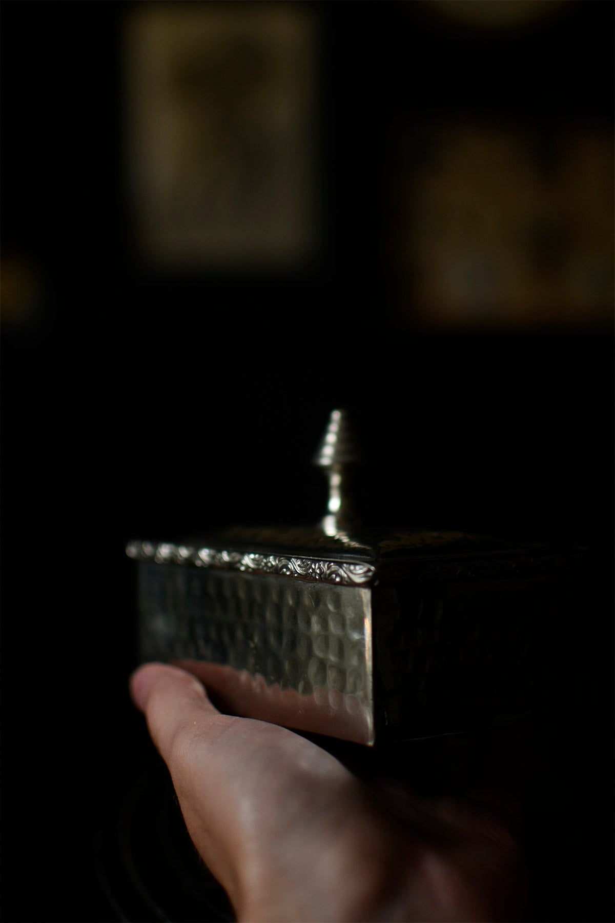 Rectangular Vintage Trinket Jar With Lid, Hammered Metal