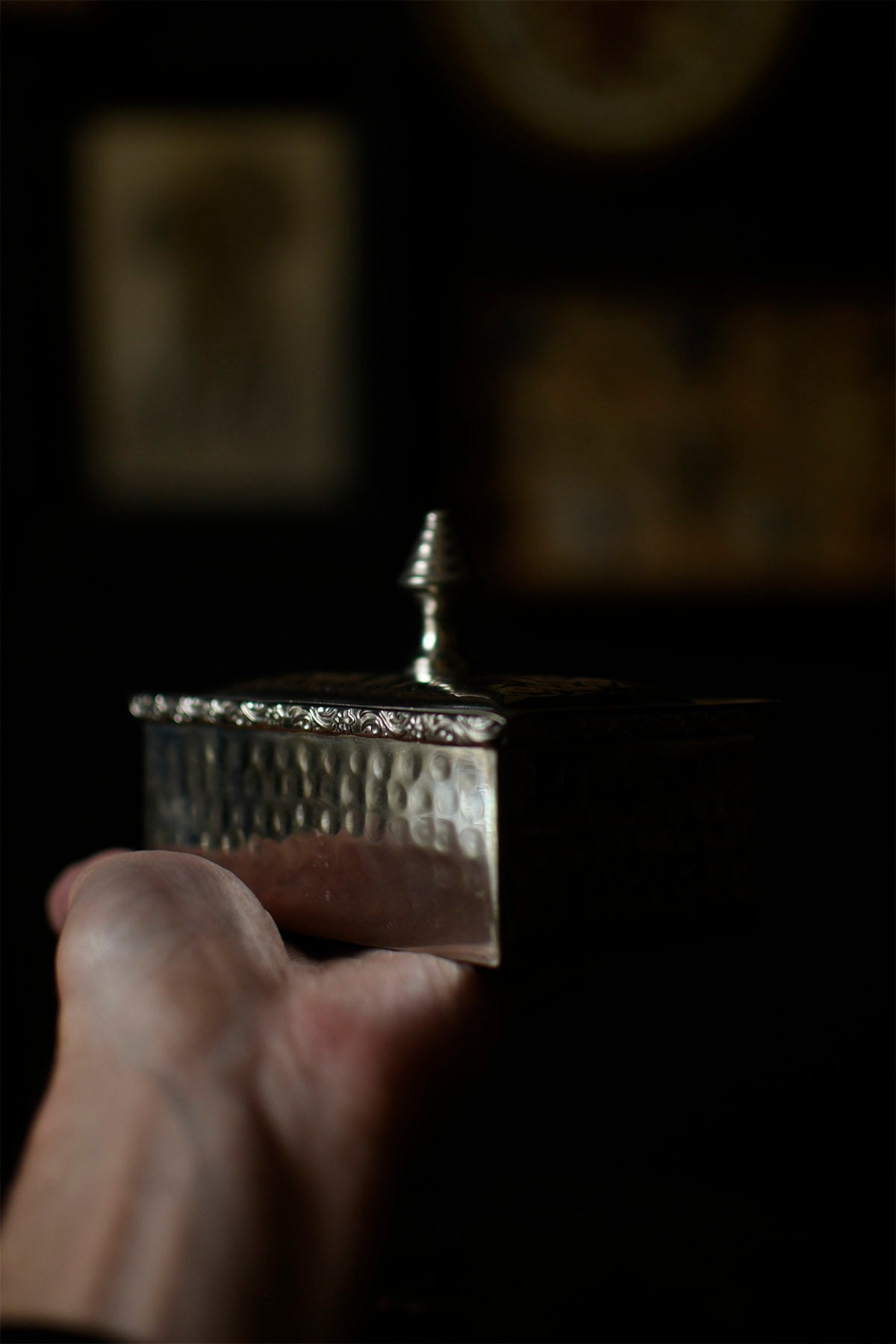 Rectangular Vintage Trinket Jar With Lid, Hammered Metal