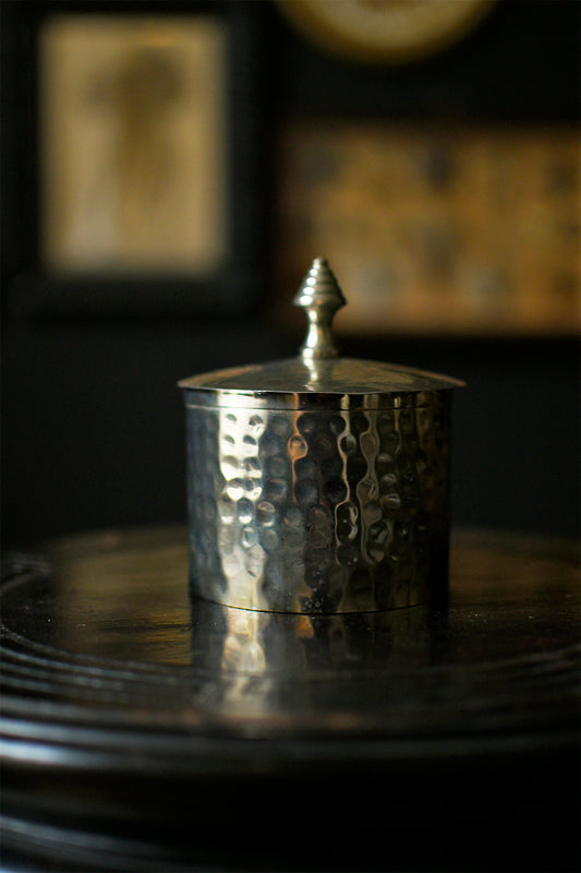 Round Vintage Trinket Jar With Lid, Hammered Metal