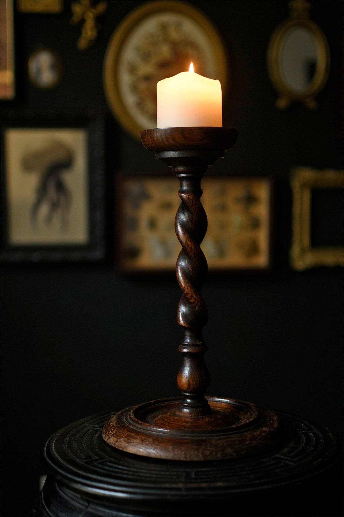 Oak Barley Twist Wooden Candlestick Torchère