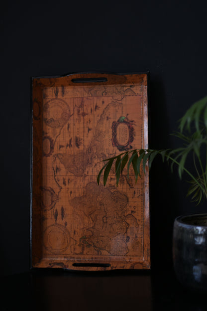 Vintage World Map Lacquered Tray, Orange & Black