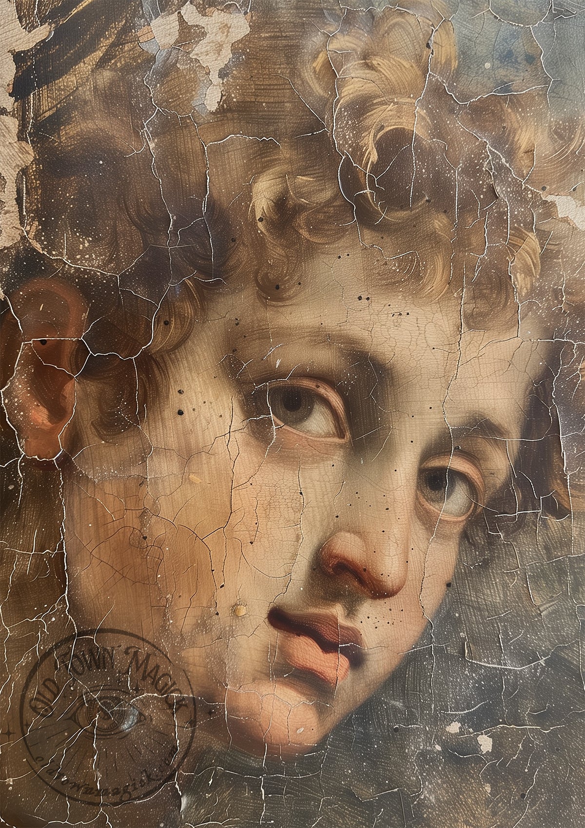 Renaissance Cherub Cracked Oil Painting Wall Art Print – Old Town Magick