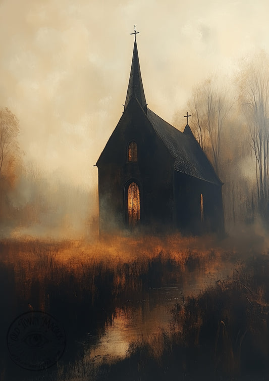 Spooky Autumn Church Wall Art Print