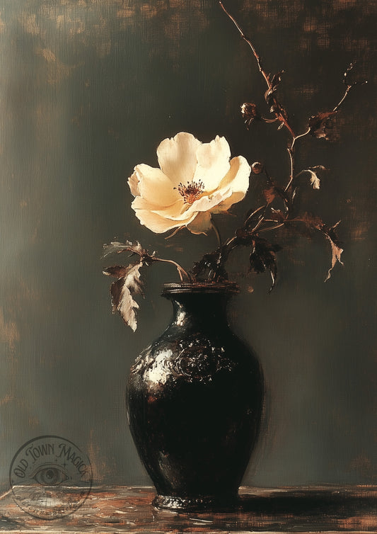 White Flower Black Vase Wall Art Print